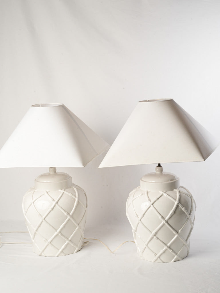 Pair of 1970s White Ceramic Ginger Jar Table Lamps w/ Faux-Bamboo Trellis - 28"