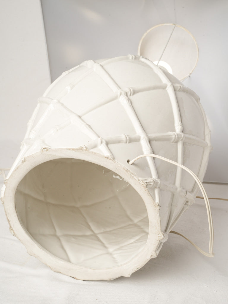 Pair of 1970s White Ceramic Ginger Jar Table Lamps w/ Faux-Bamboo Trellis - 28"