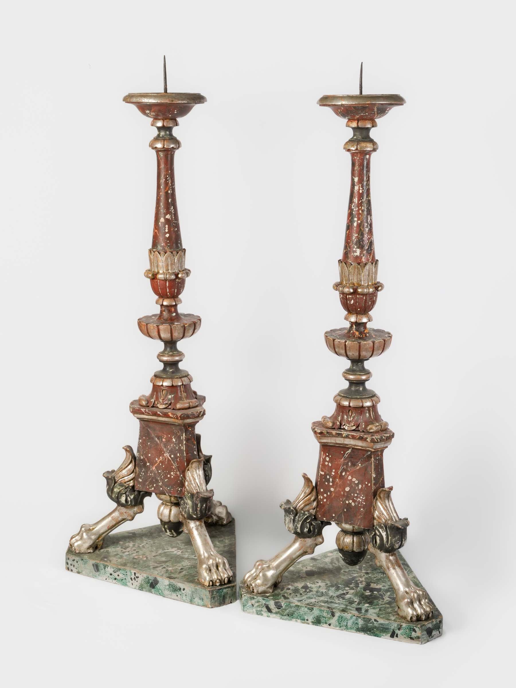 Spectacular Pair of Italian Baroque Polychrome & Silver-Leaf Torcheres, c. 1700 - 68½"