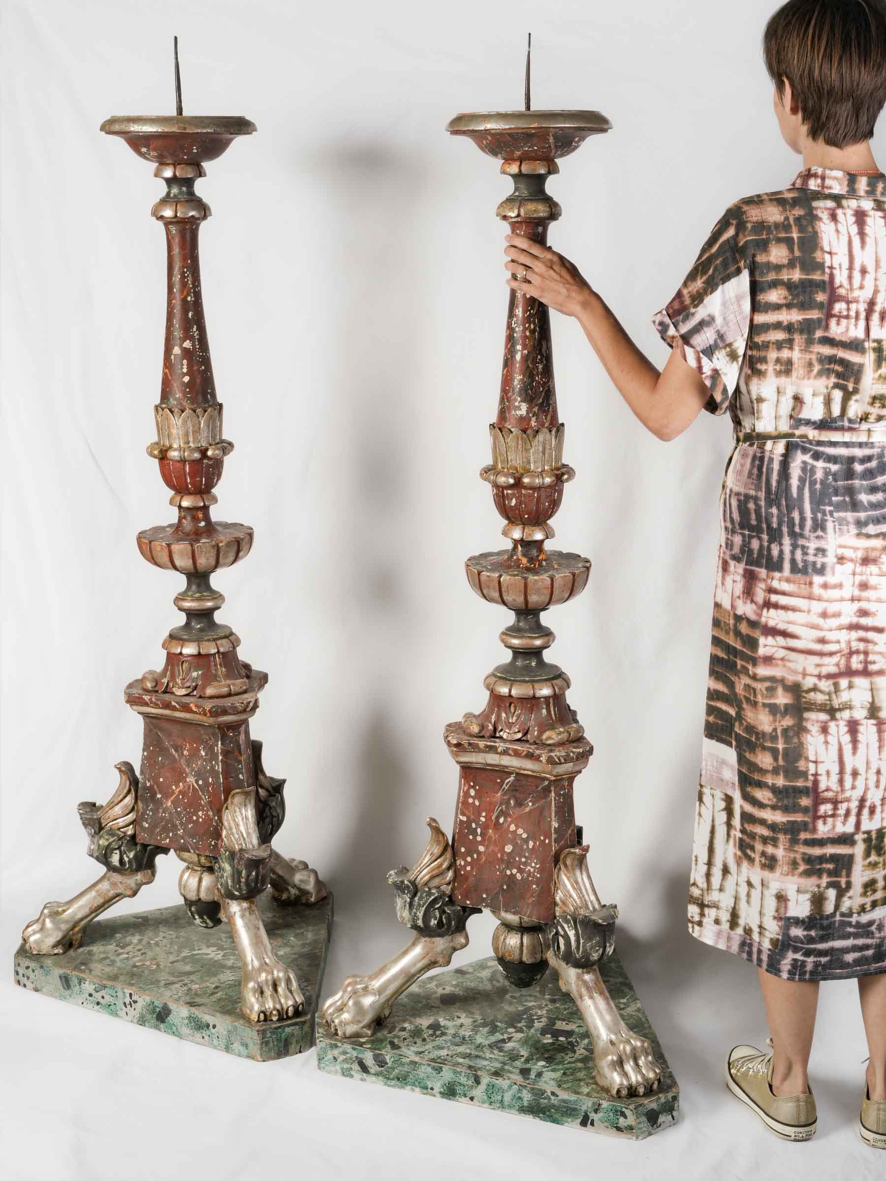 Spectacular Pair of Italian Baroque Polychrome & Silver-Leaf Torcheres, c. 1700 - 68½"