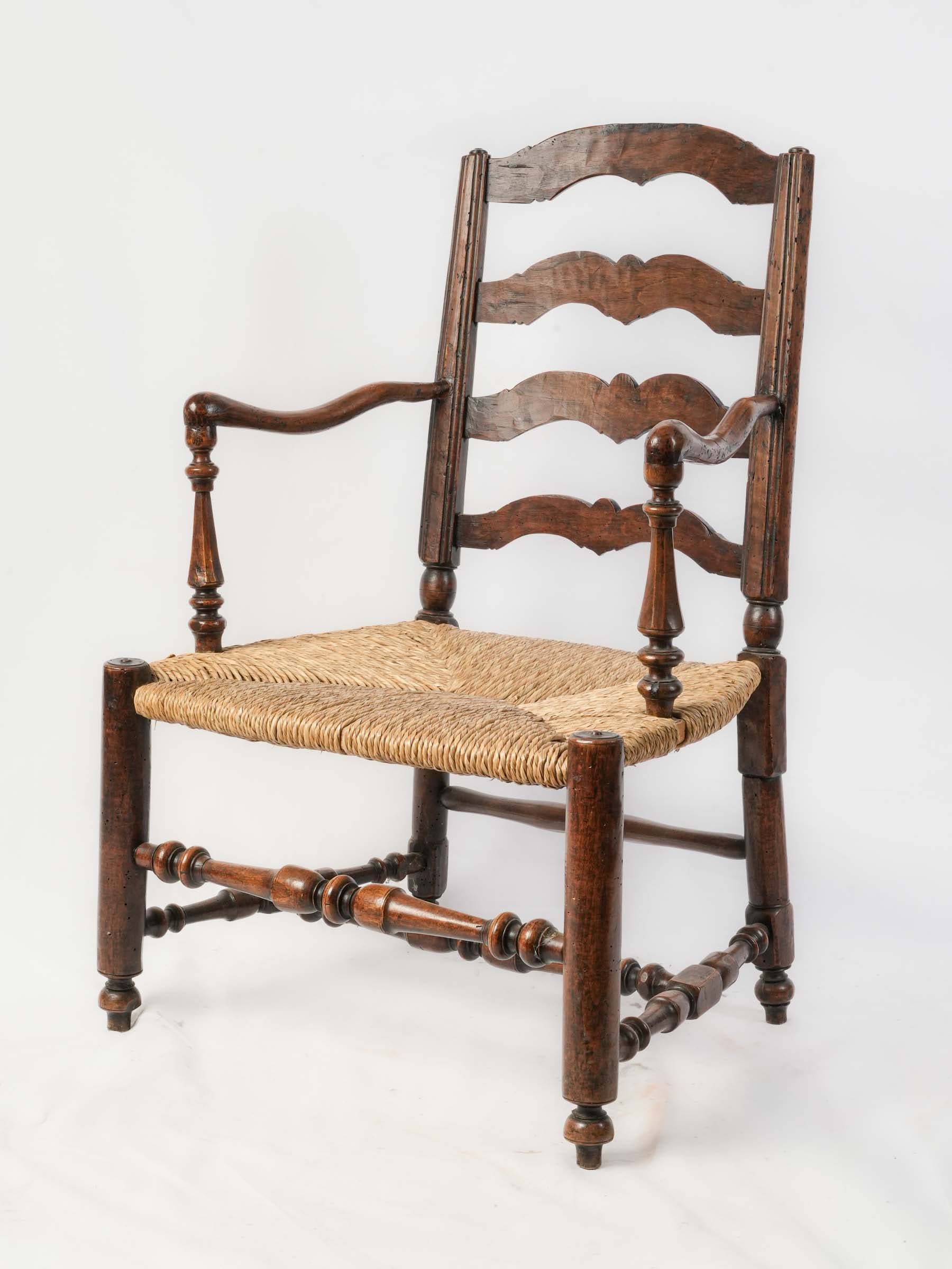 Antique Provençal Walnut Ladder-Back Armchair with Rush Seat - 38¼"