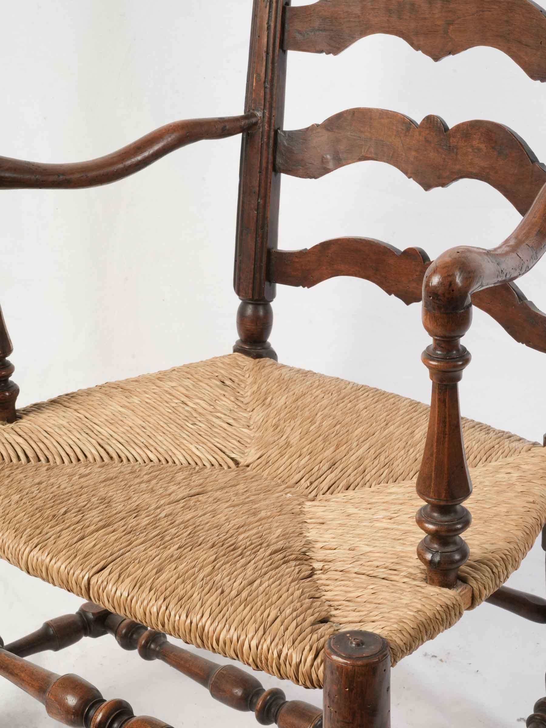 Antique Provençal Walnut Ladder-Back Armchair with Rush Seat - 38¼"