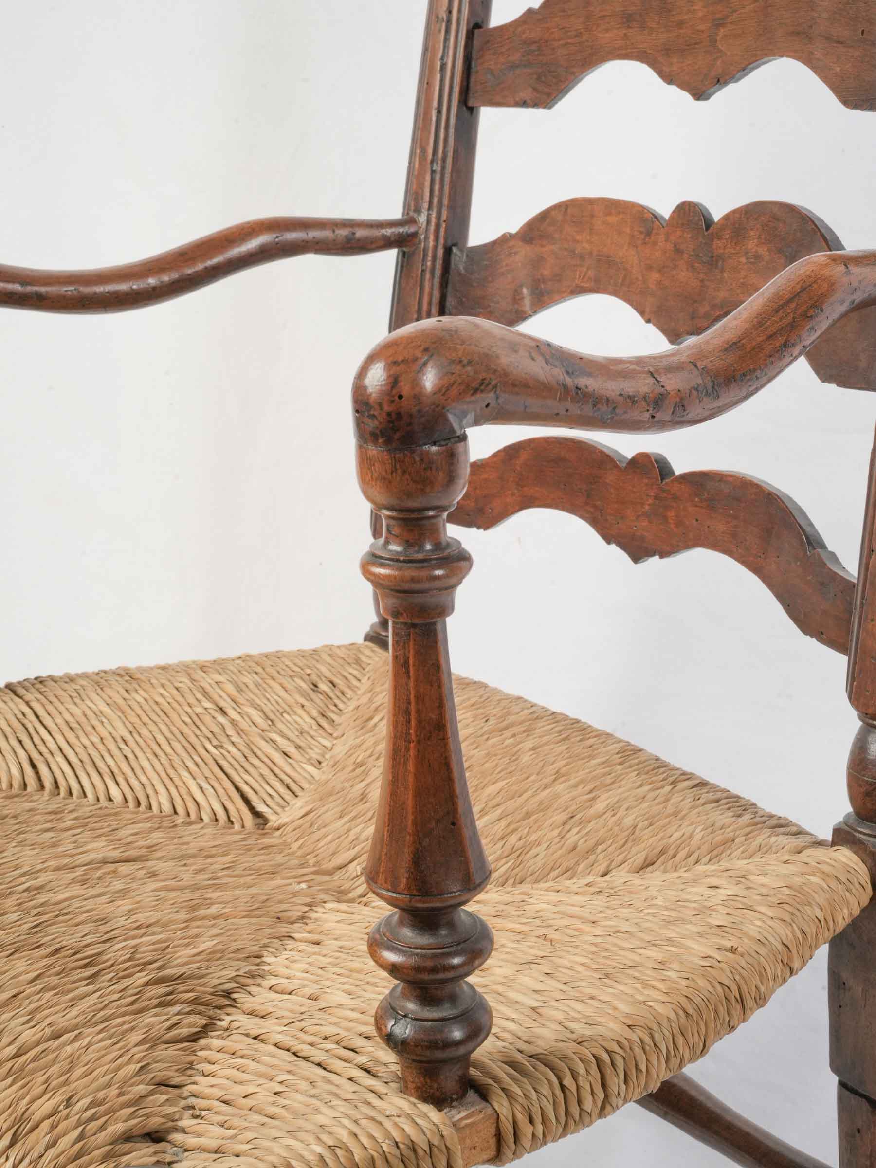 Antique Provençal Walnut Ladder-Back Armchair with Rush Seat - 38¼"