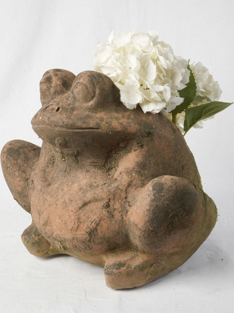 Large Mid 20th Century French Terracotta Garden Frog Sculpture w/ Natural Patina - 17¾"