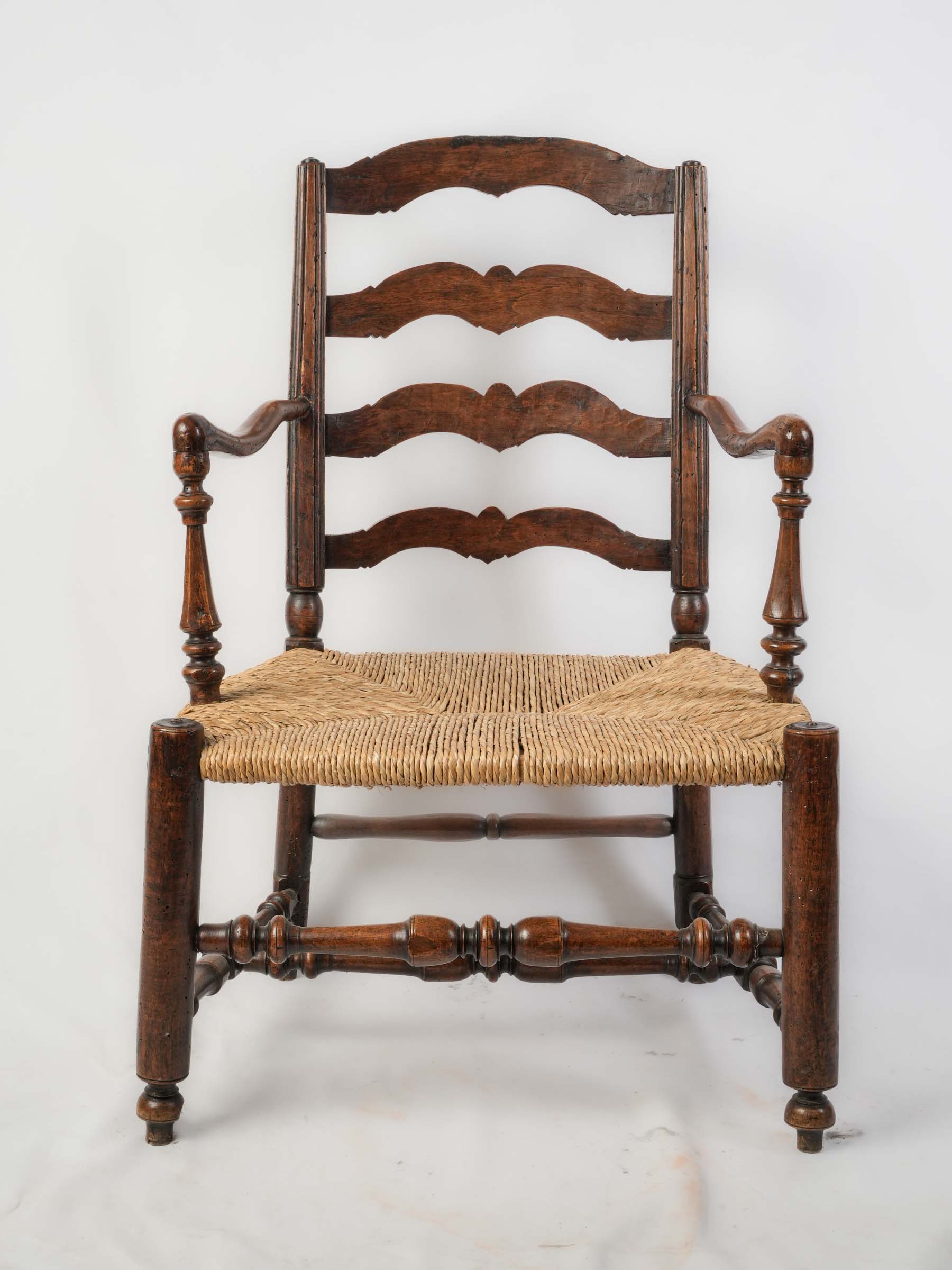 Antique Provençal Walnut Ladder-Back Armchair with Rush Seat - 38¼"