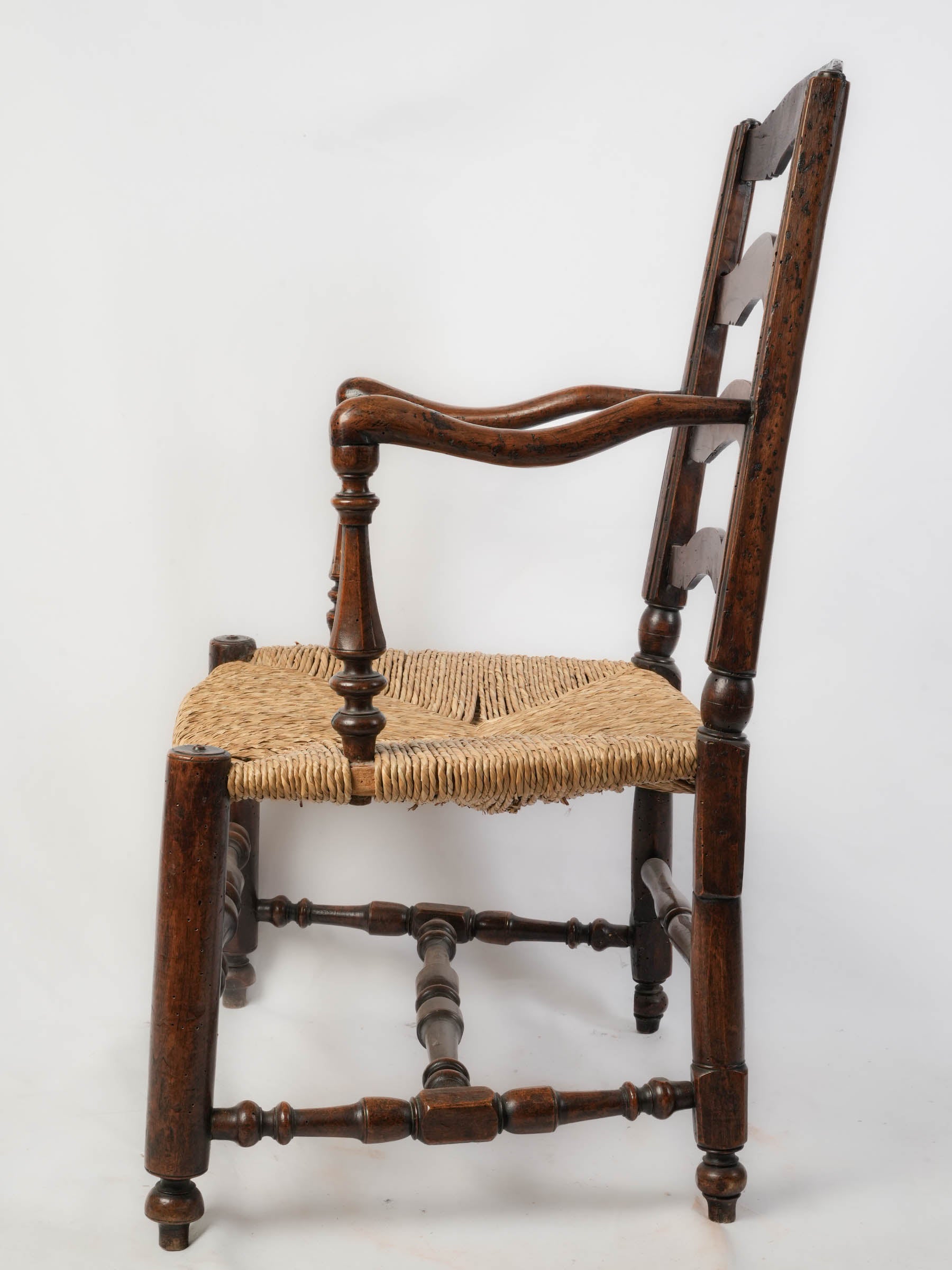 Antique Provençal Walnut Ladder-Back Armchair with Rush Seat - 38¼"