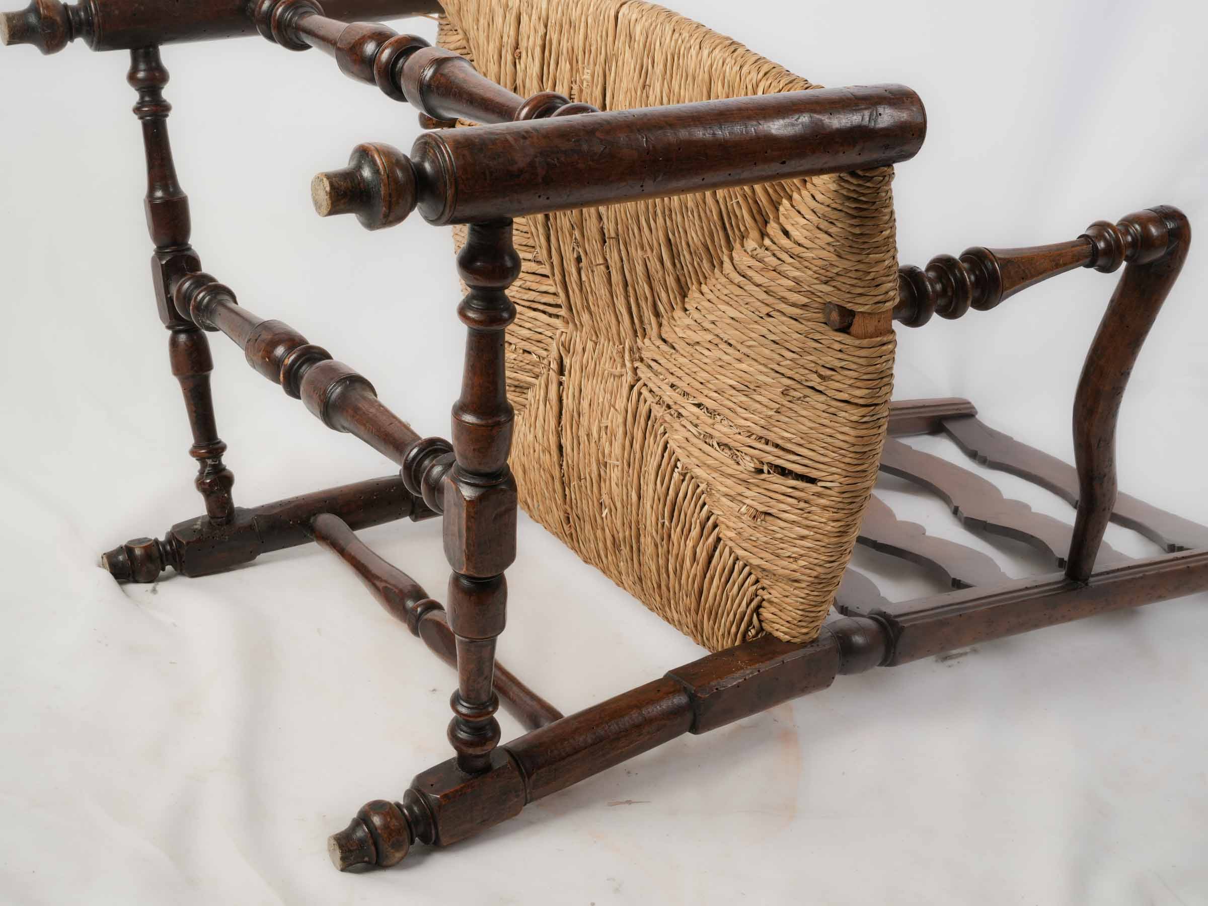 Antique Provençal Walnut Ladder-Back Armchair with Rush Seat - 38¼"