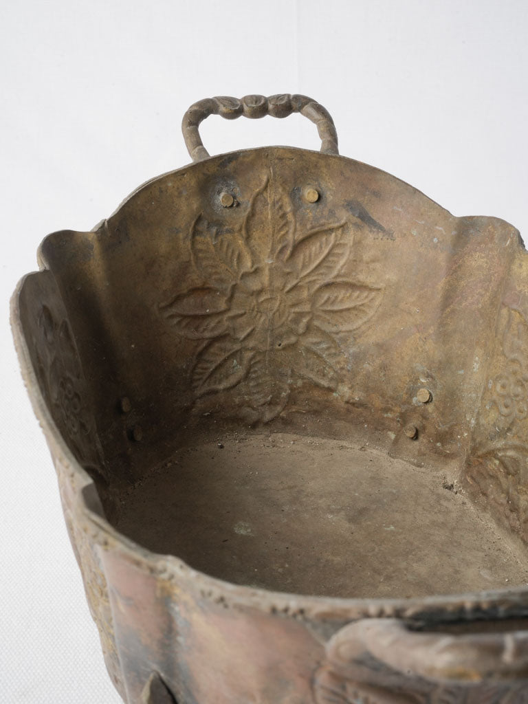 Floral rosette repoussé brass jardinière