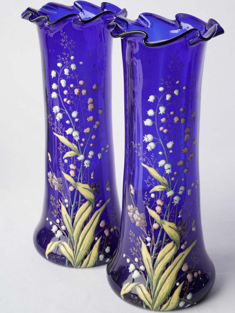 Pair of Cobalt Blue Art Nouveau Enamelled Vases by Legras c. 1900 - 13¾"
