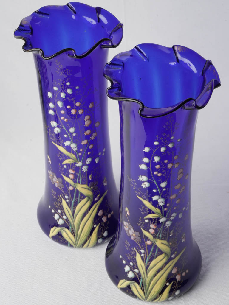 Pair of Cobalt Blue Art Nouveau Enamelled Vases by Legras c. 1900 - 13¾"