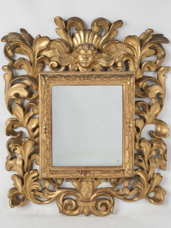 18th century Baroque mirror w/ cherub & scrolling acanthus leaves 20¾" x 17¾"