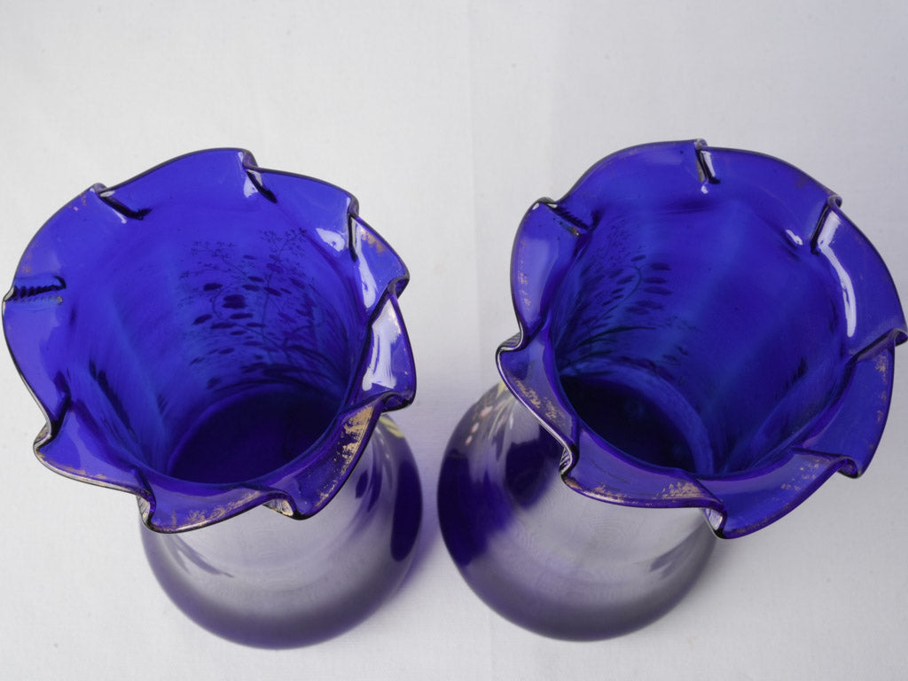 Pair of Cobalt Blue Art Nouveau Enamelled Vases by Legras c. 1900 - 13¾"
