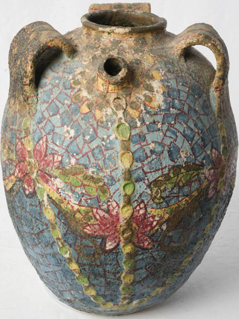 Charming French Riviera Terracotta Jar w/ Mosaic Style Painted Decoration Circa 1920s - 17"