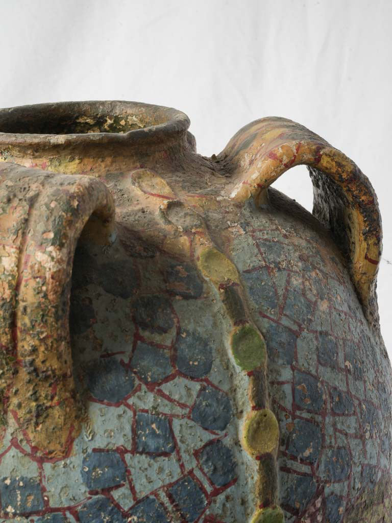 Charming French Riviera Terracotta Jar w/ Mosaic Style Painted Decoration Circa 1920s - 17"