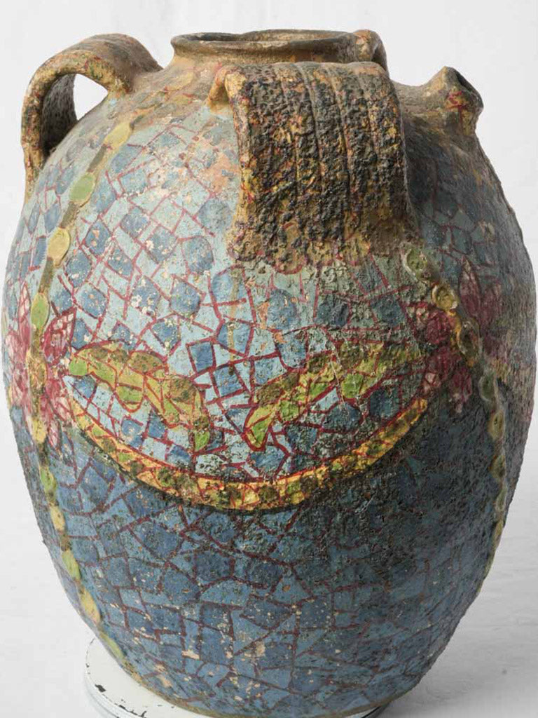 Charming French Riviera Terracotta Jar w/ Mosaic Style Painted Decoration Circa 1920s - 17"