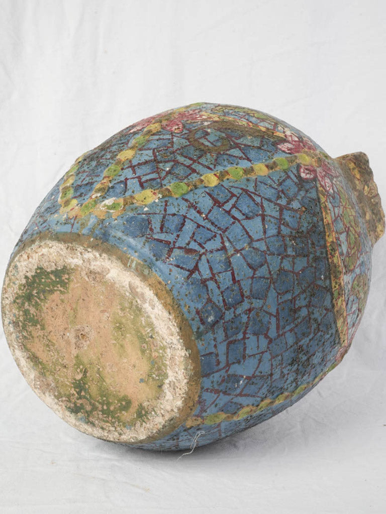 Charming French Riviera Terracotta Jar w/ Mosaic Style Painted Decoration Circa 1920s - 17"