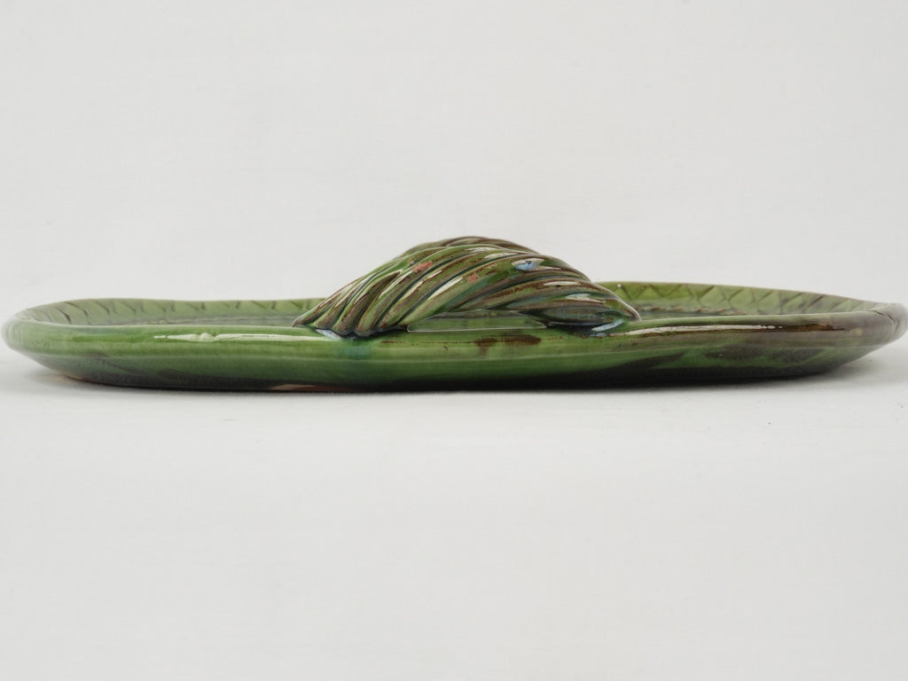 Artisan-crafted glazed green pottery platter