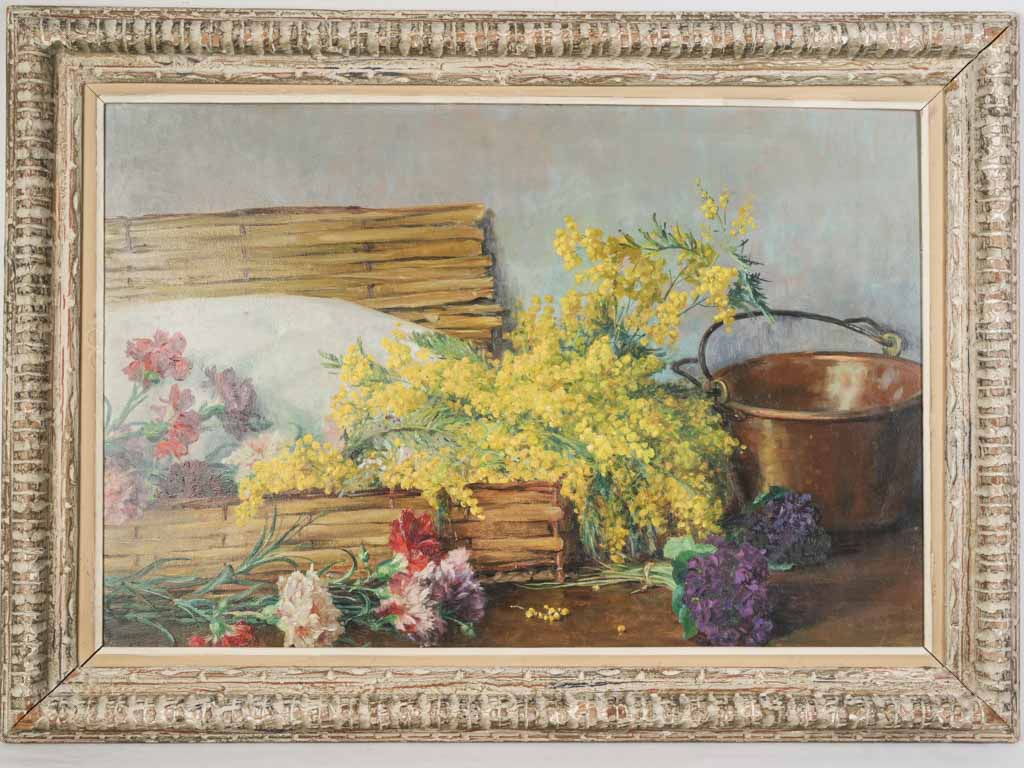 French Floral Still Life with Mimosa, Violets, and Carnations c. 1920 - 28¼ x 39½""