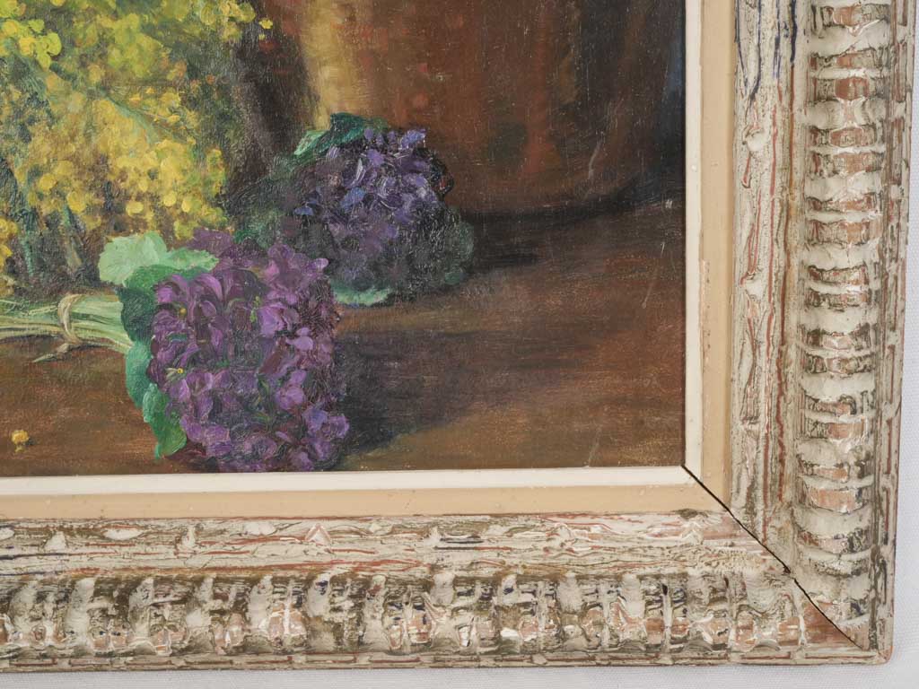 French Floral Still Life with Mimosa, Violets, and Carnations c. 1920 - 28¼ x 39½""