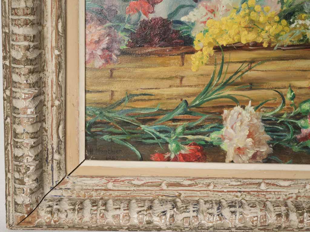 French Floral Still Life with Mimosa, Violets, and Carnations c. 1920 - 28¼ x 39½""