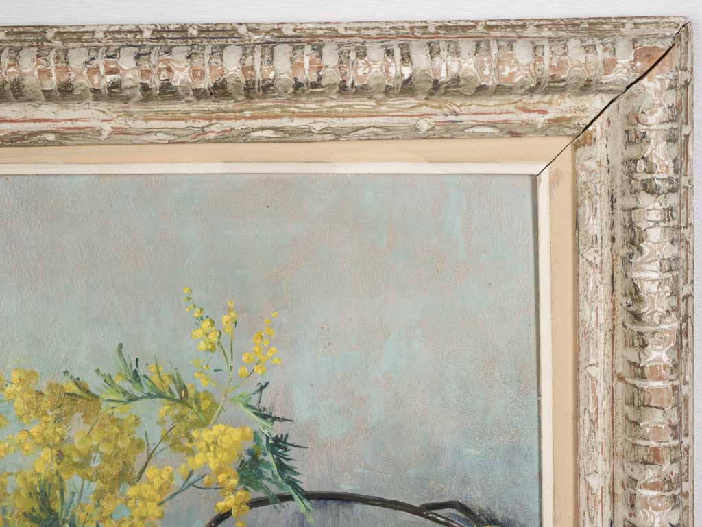 French Floral Still Life with Mimosa, Violets, and Carnations c. 1920 - 28¼ x 39½""