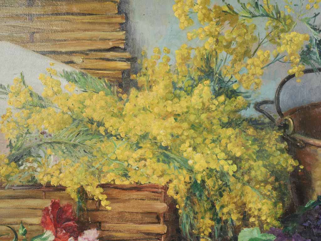 French Floral Still Life with Mimosa, Violets, and Carnations c. 1920 - 28¼ x 39½""