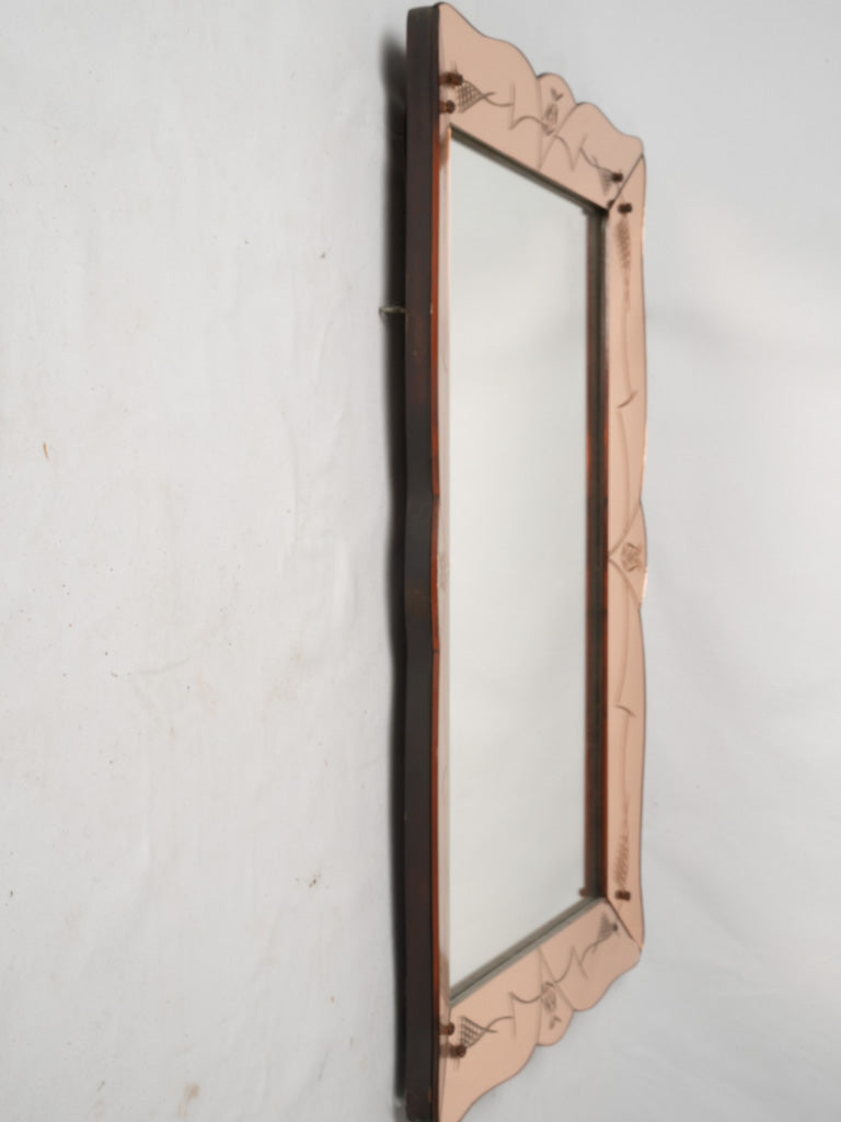 Engraved floral motif beveled-edge mirror