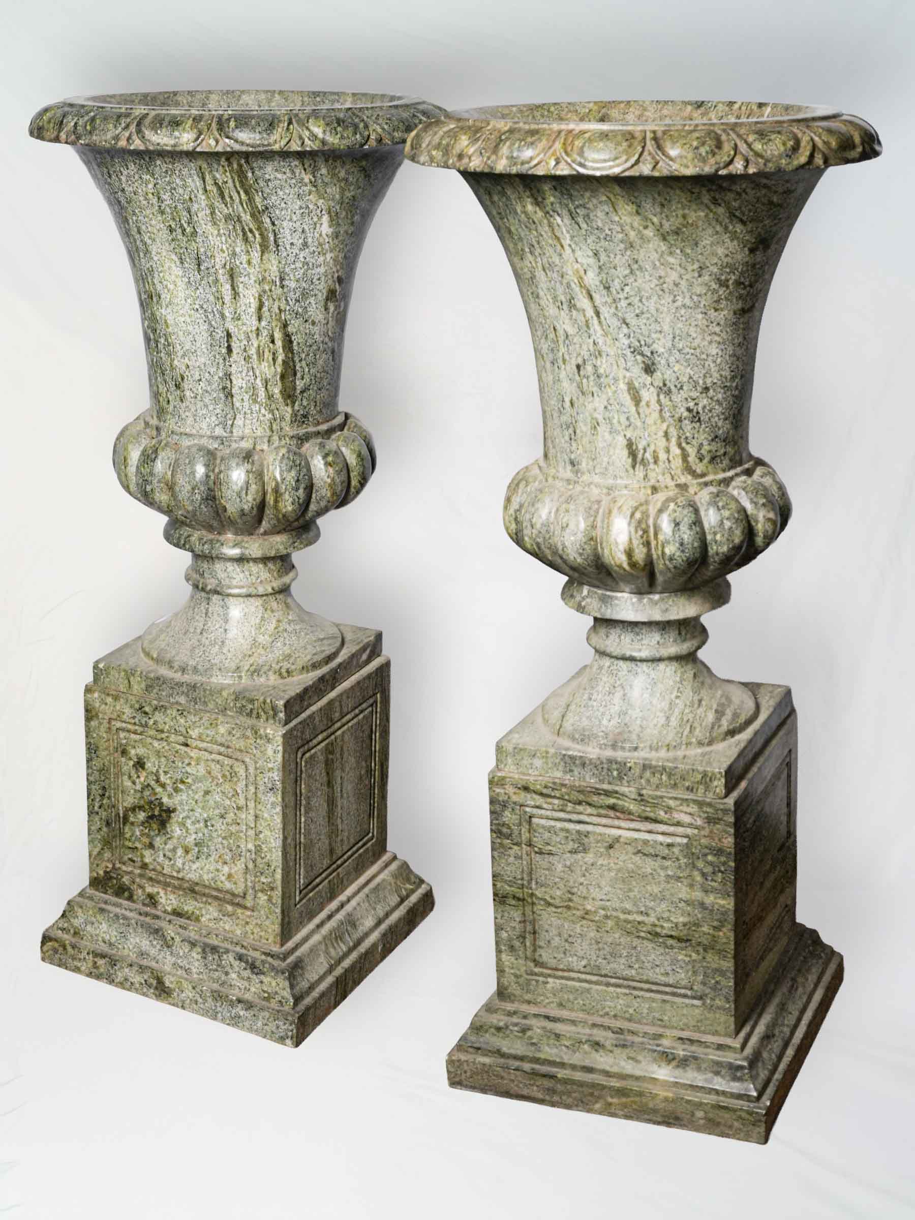 Exceptional Pair of Antique Italian Marble Medici Urns on Pedestals - 29¼"