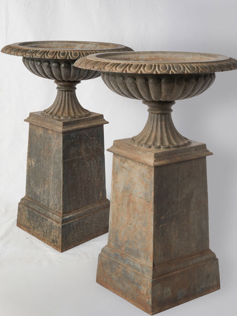 Pair of French Mid 20th Century Cast Iron Garden Urns on Original Plinths - 31"