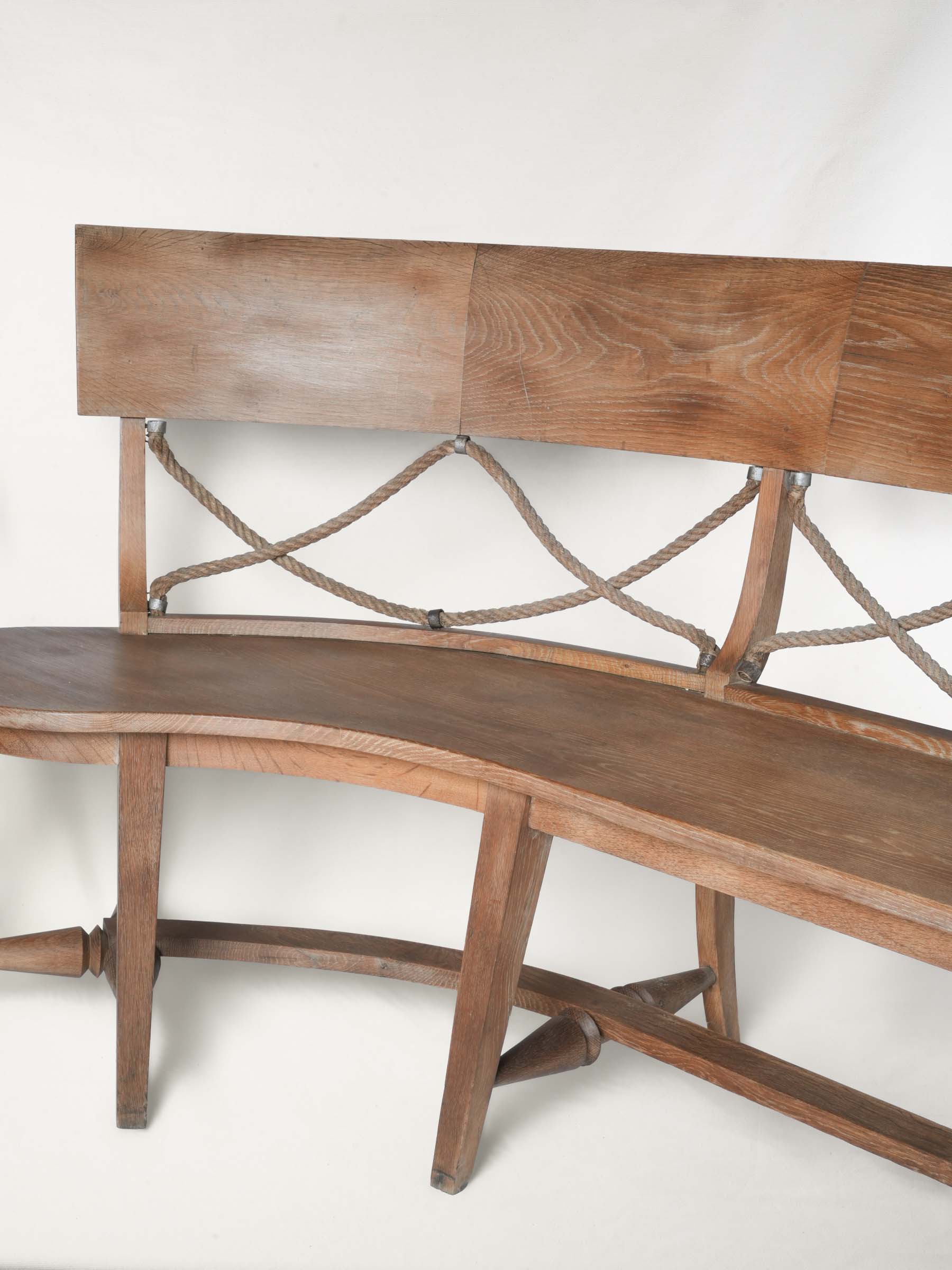 Bespoke 1960s–70s French Oak Bench w/ Curved Return and Rope Back - 87¾"