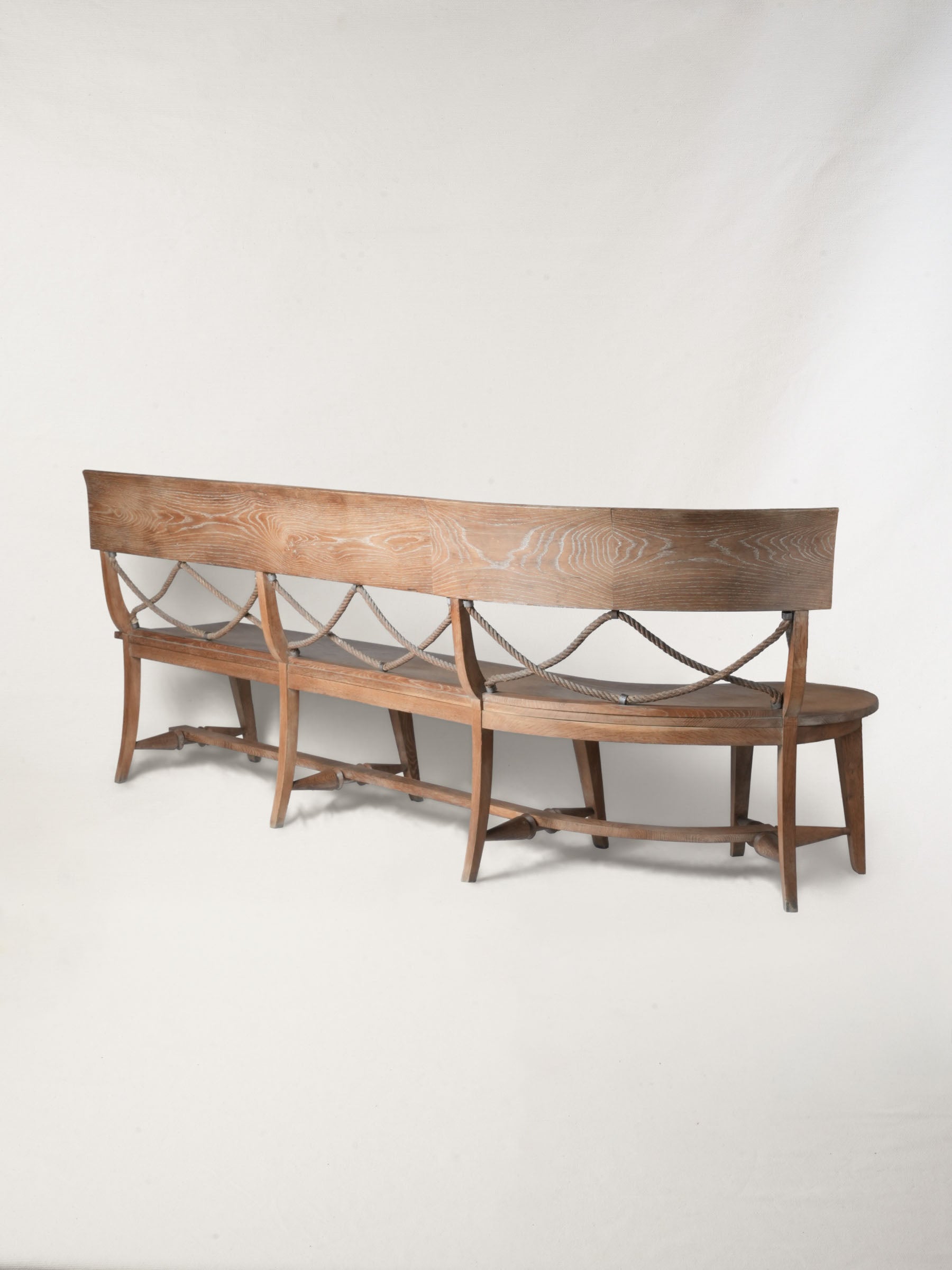 Bespoke 1960s–70s French Oak Bench w/ Curved Return and Rope Back - 87¾"