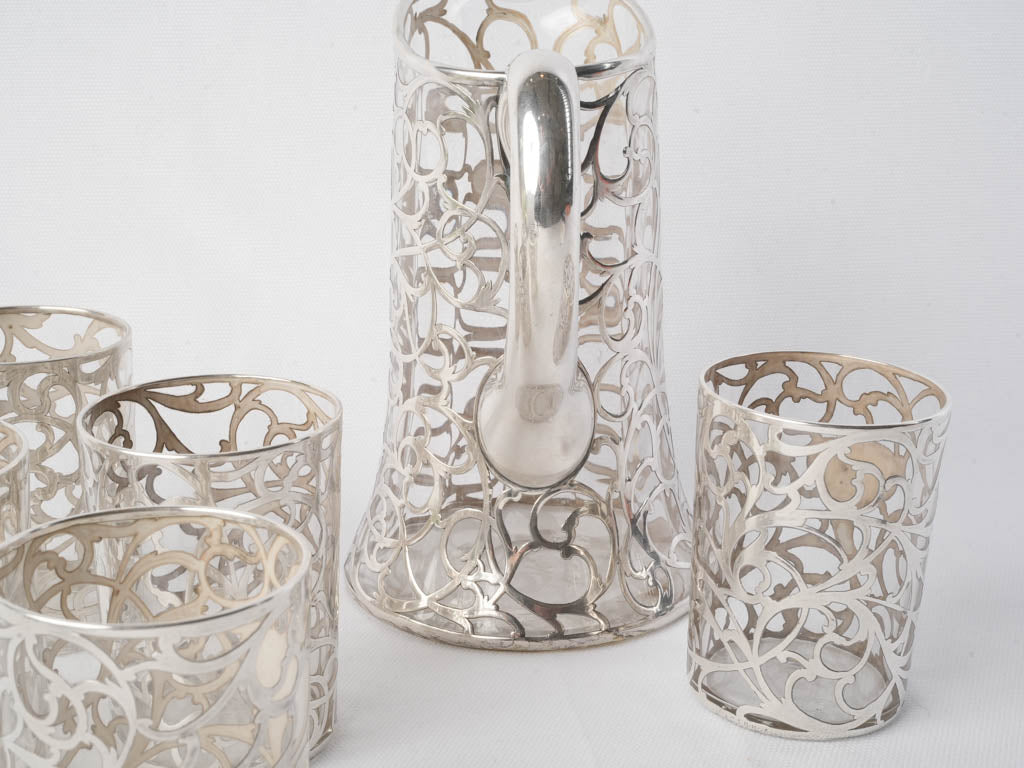 Luxurious Early 20th Century Alvin Sterling Silver Overlay Juice Set for 5