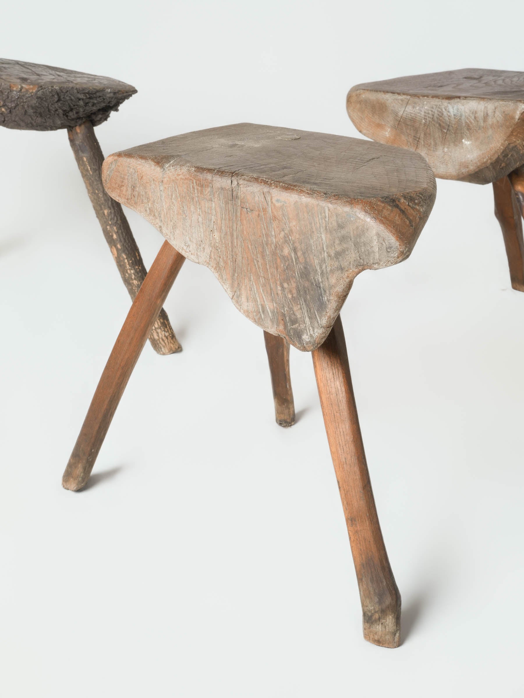 Set of Three Primitive French Wooden Stools, Early to Mid-20th Century