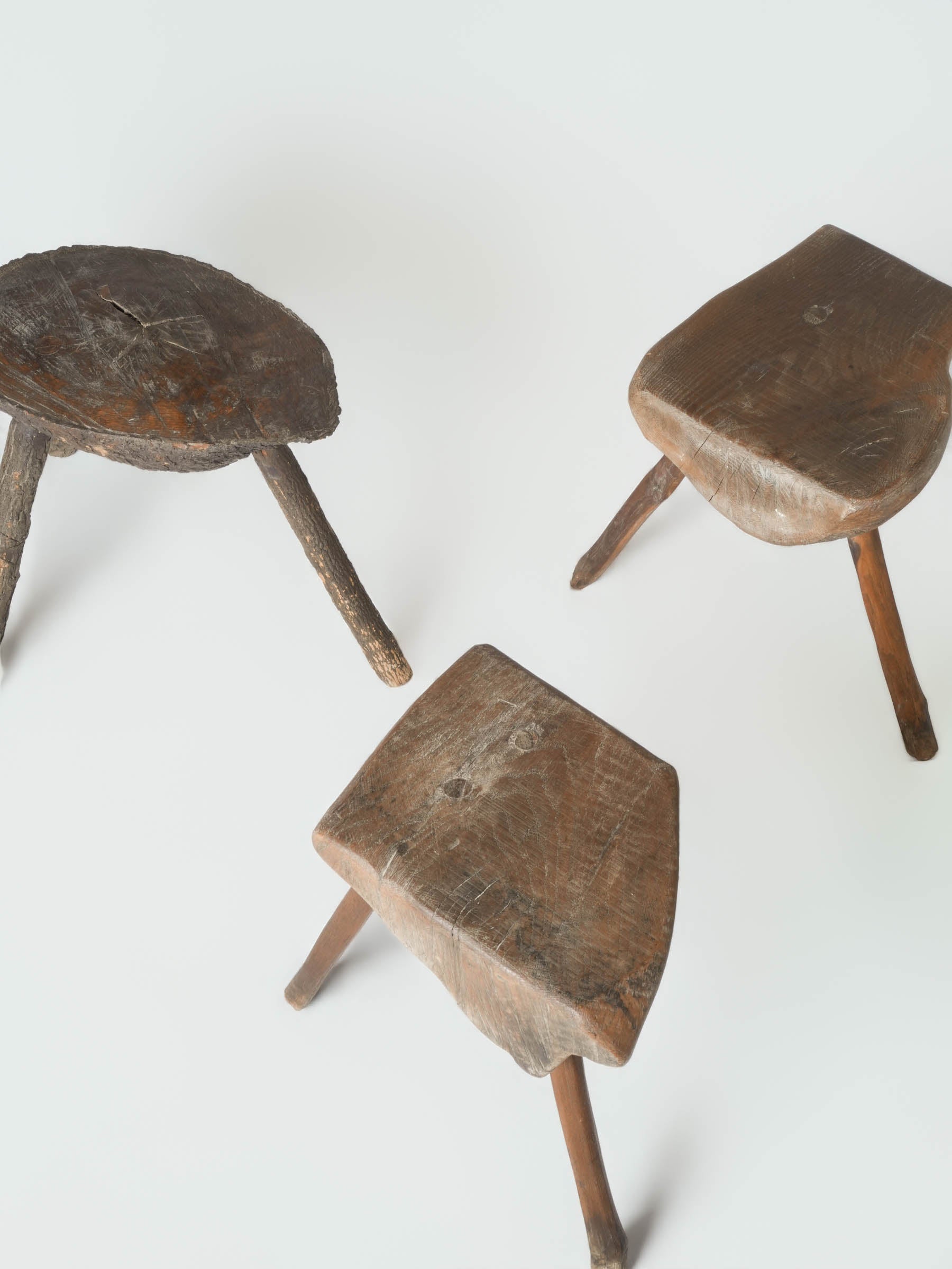 Set of Three Primitive French Wooden Stools, Early to Mid-20th Century
