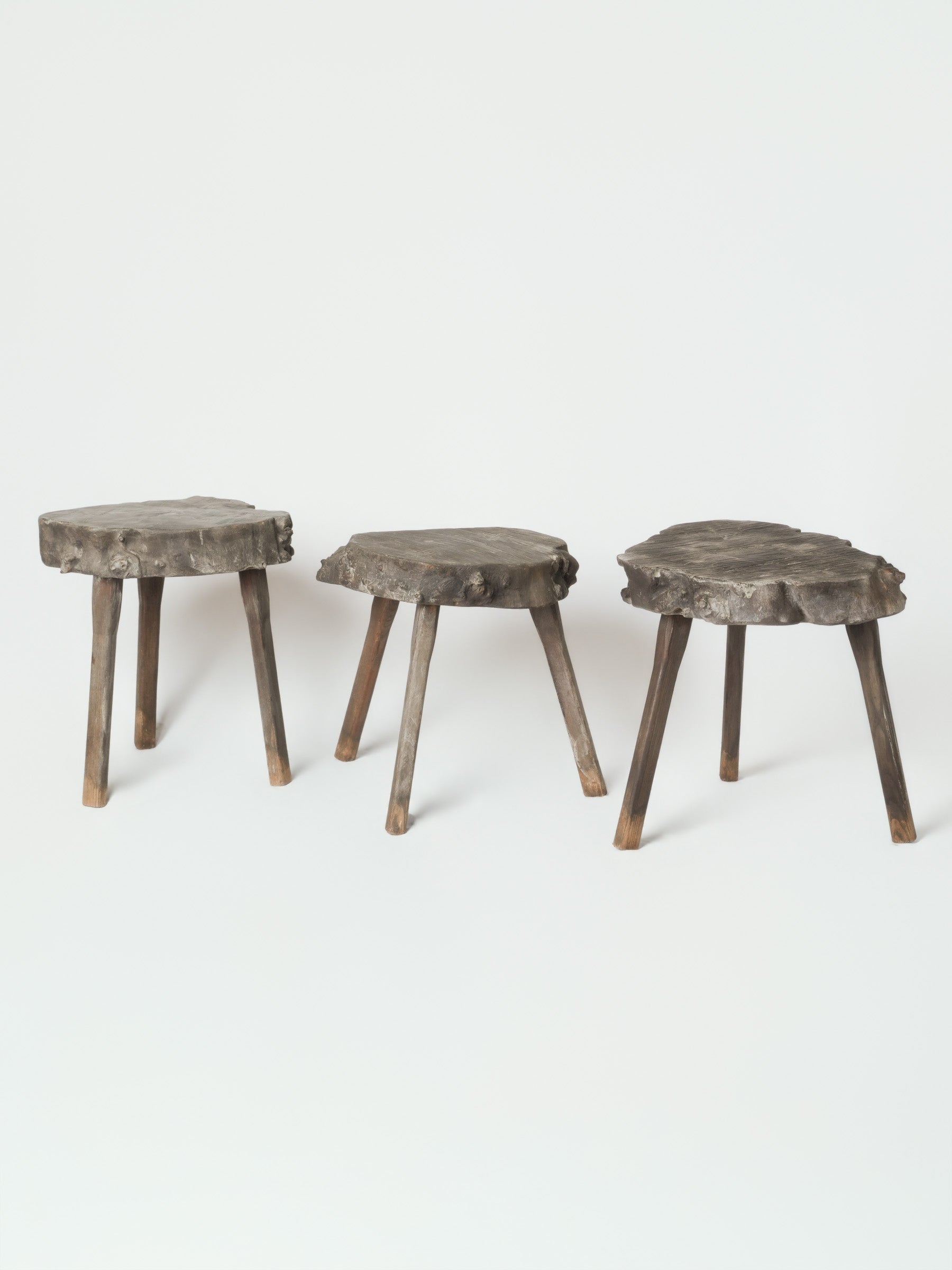 Set of Three Rustic French Wooden Stools, Mid-20th Century