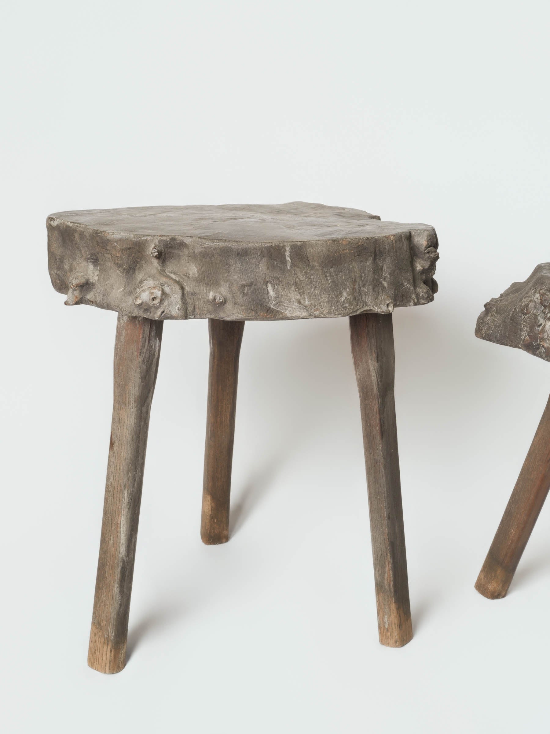 Set of Three Rustic French Wooden Stools, Mid-20th Century