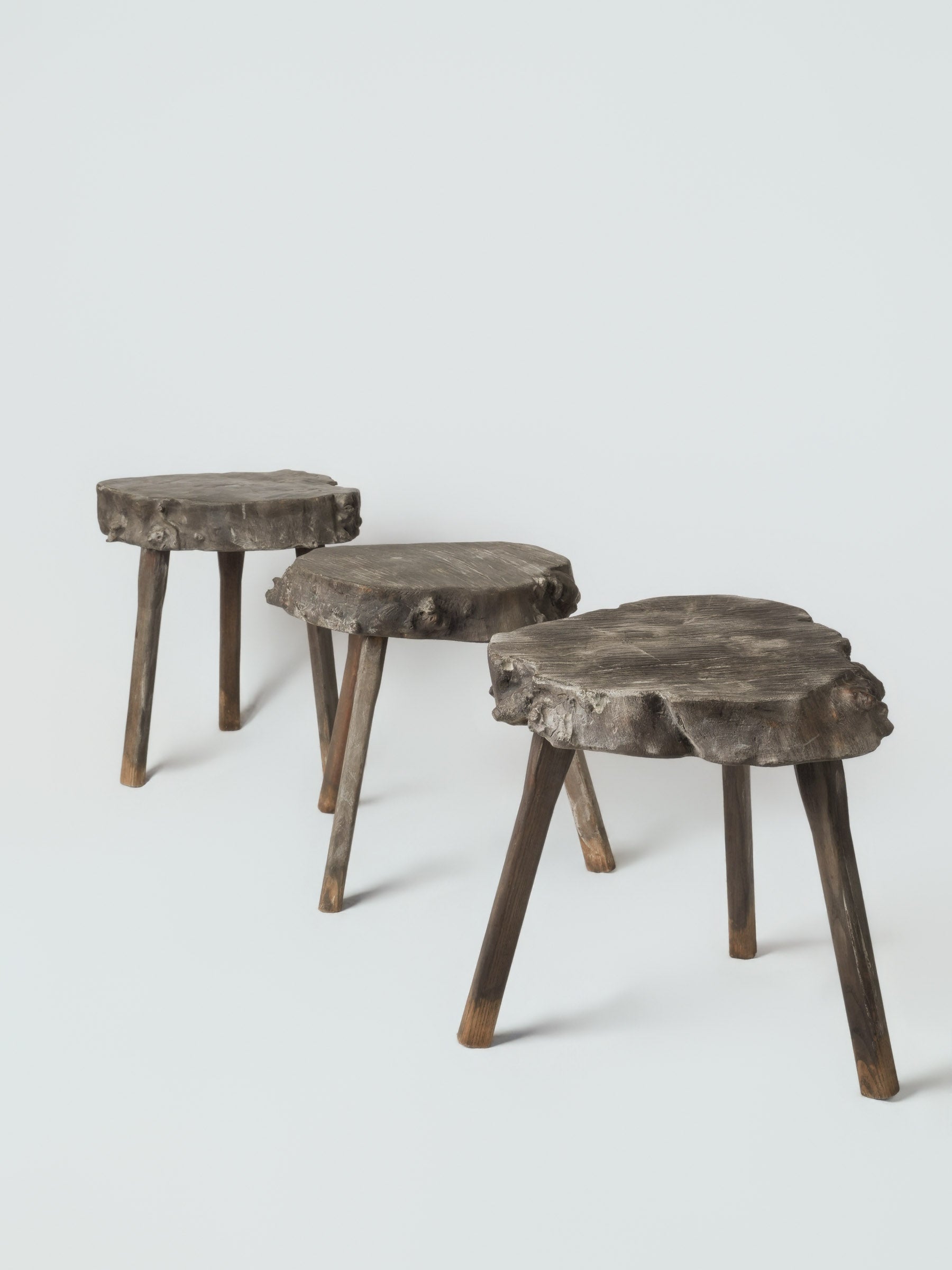 Set of Three Rustic French Wooden Stools, Mid-20th Century