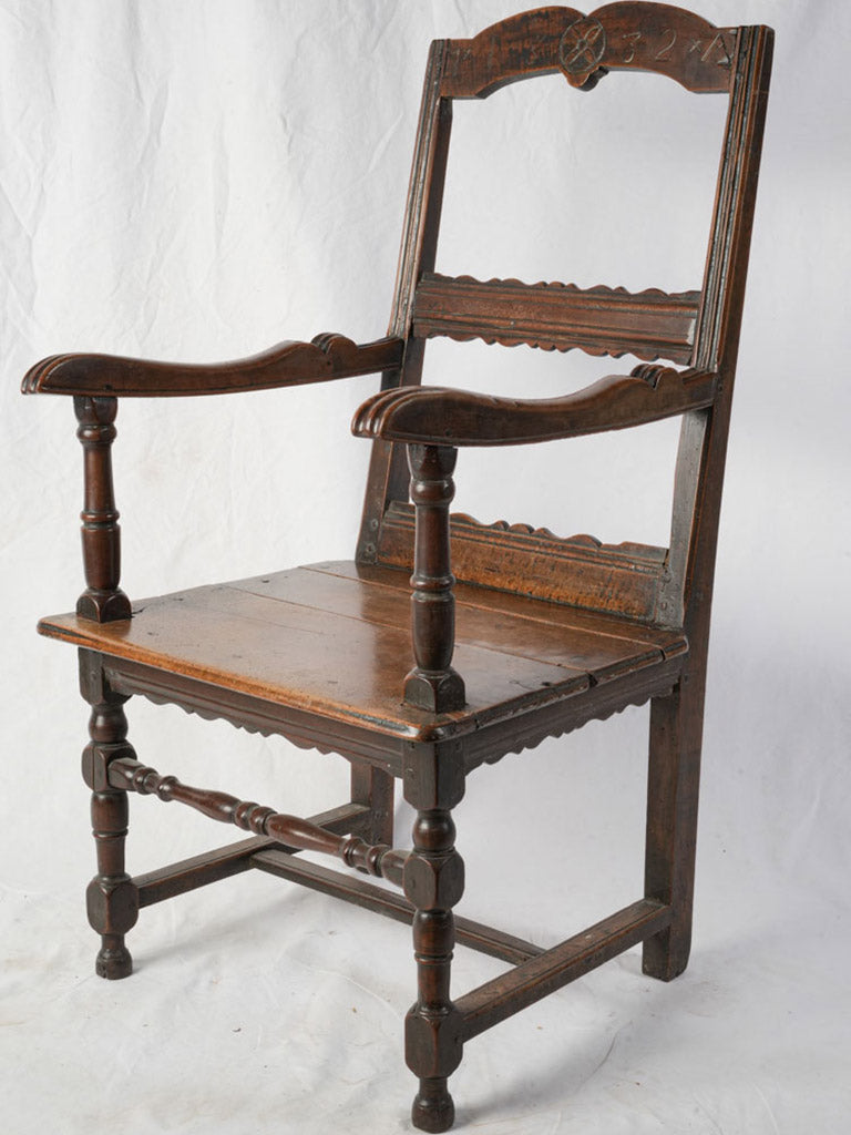 19th Century Walnut Folk Armchair w/ Inscribed Crest Rail - 42¼"