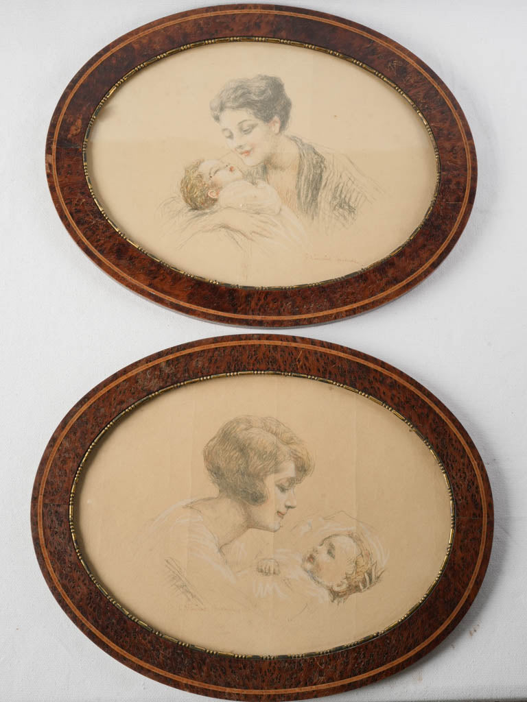 Vintage French portraits, sanguine drawings