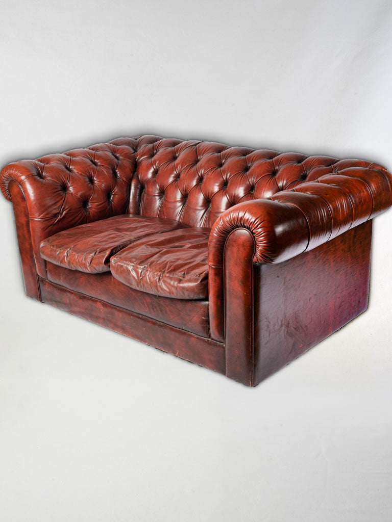 1970s Handcrafted Chesterfield Two-Seater in Patinated Burgundy Leather - 8¾"
