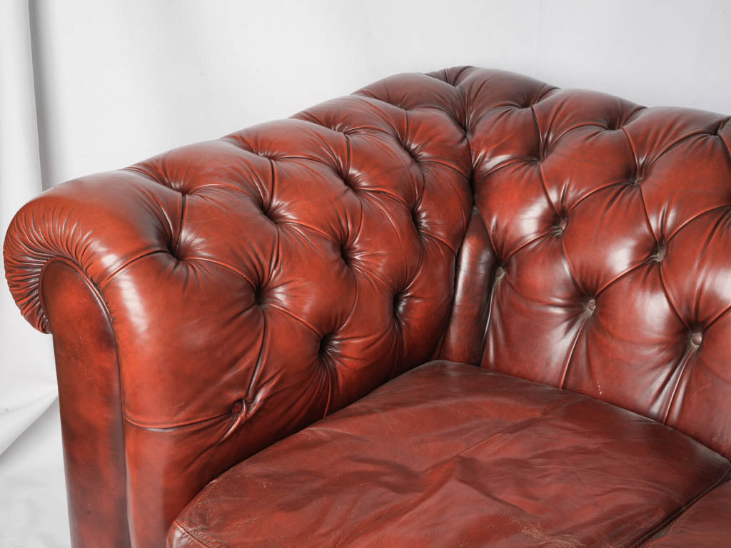 1970s Handcrafted Chesterfield Two-Seater in Patinated Burgundy Leather - 8¾"