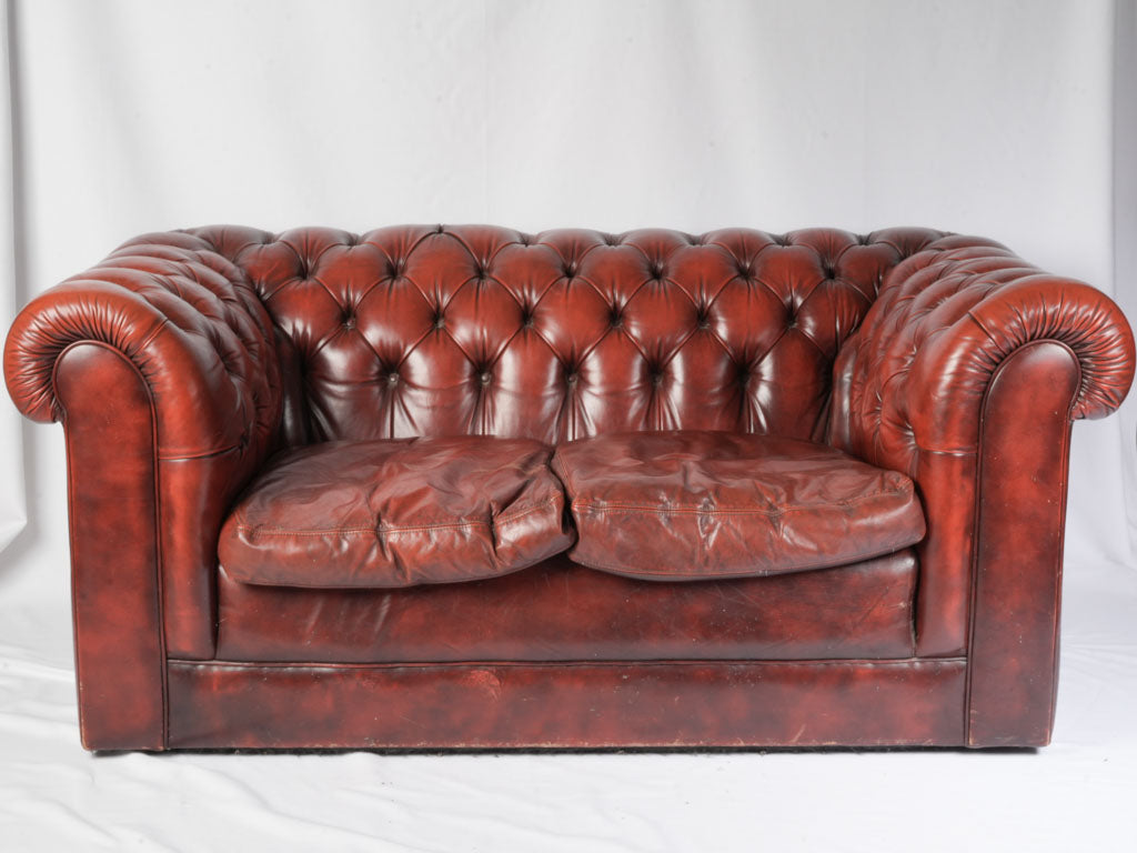 1970s Handcrafted Chesterfield Two-Seater in Patinated Burgundy Leather - 8¾"