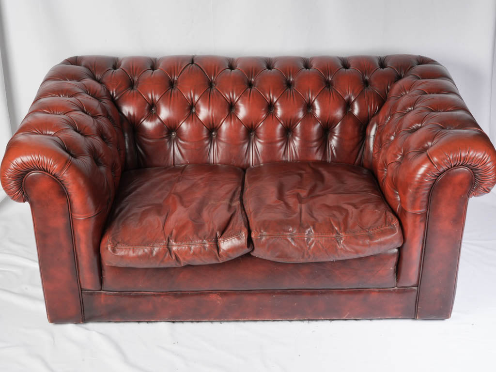 1970s Handcrafted Chesterfield Two-Seater in Patinated Burgundy Leather - 8¾"