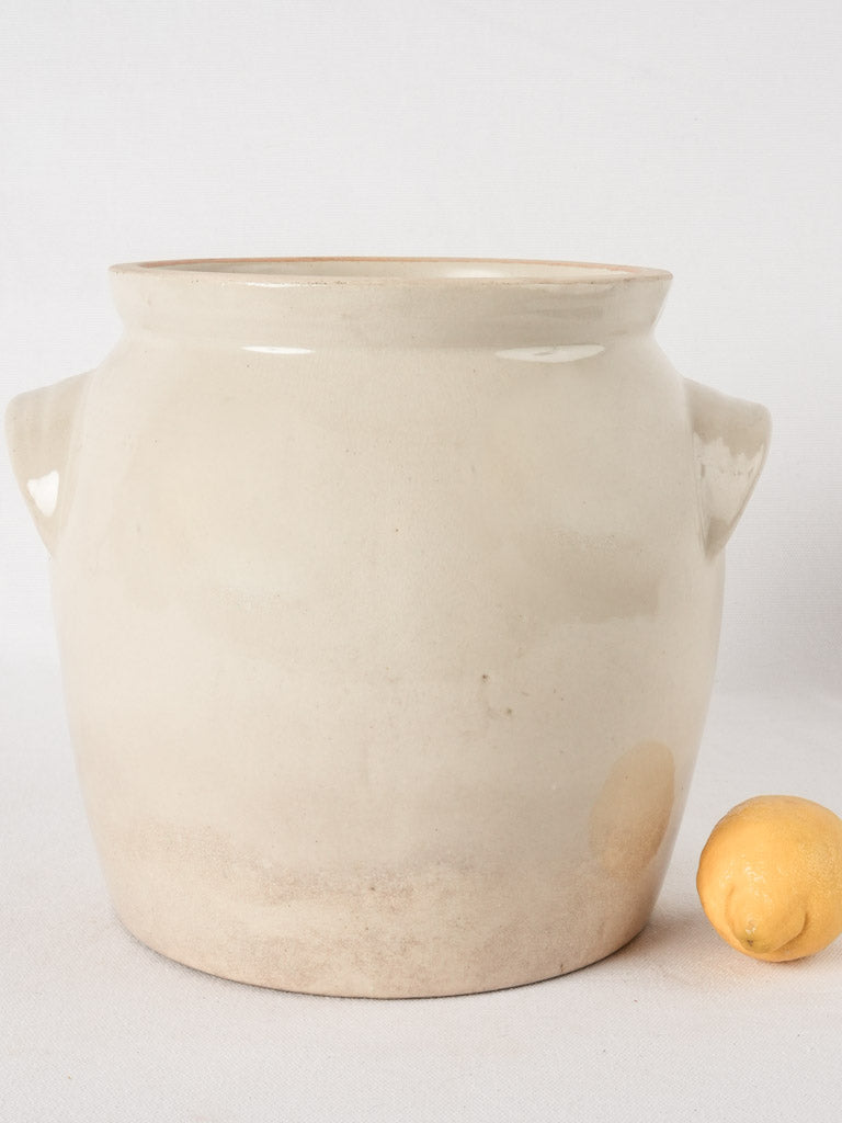 RESERVED CS Antique French stoneware crock pot - off white 9½"