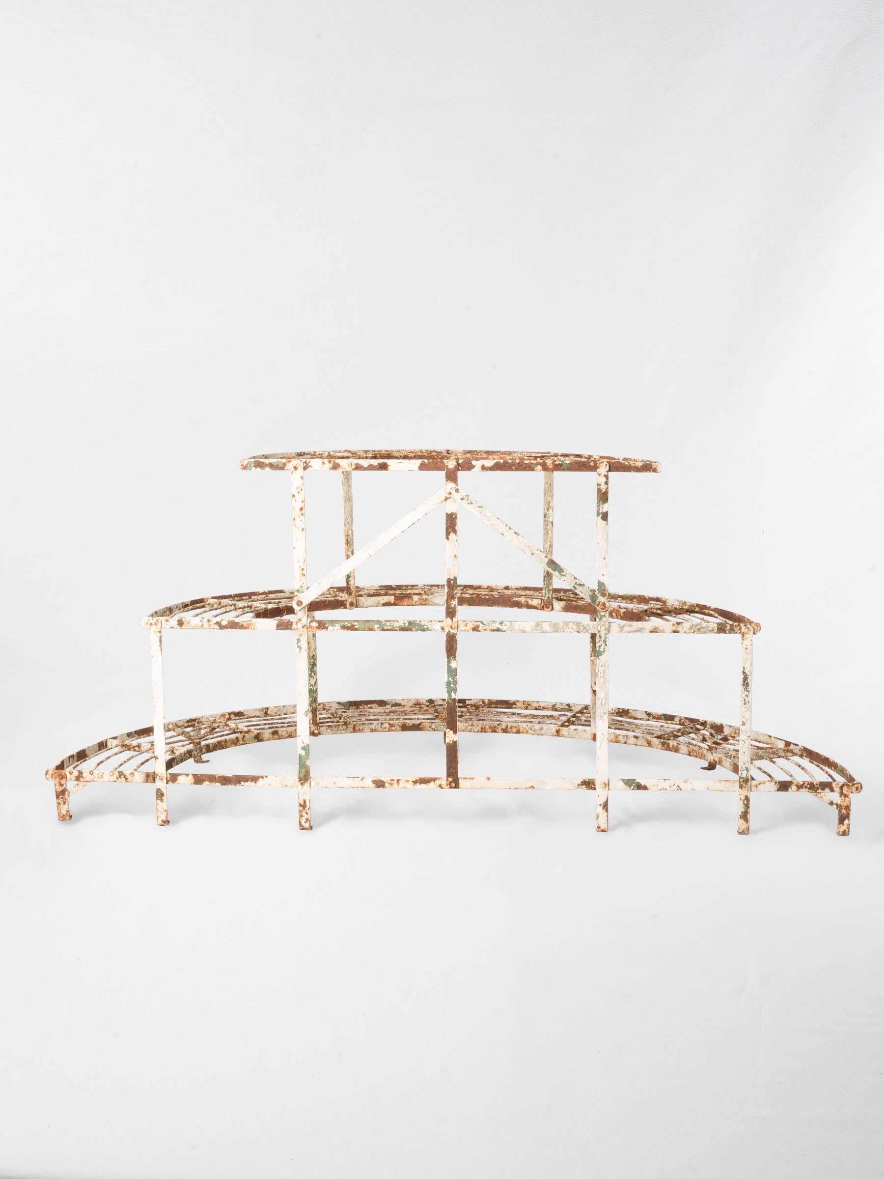 Early 20th-Century French Half-Moon Waterfall Iron Plant Stand w/ Weathered Patina - 29¼" x 63"