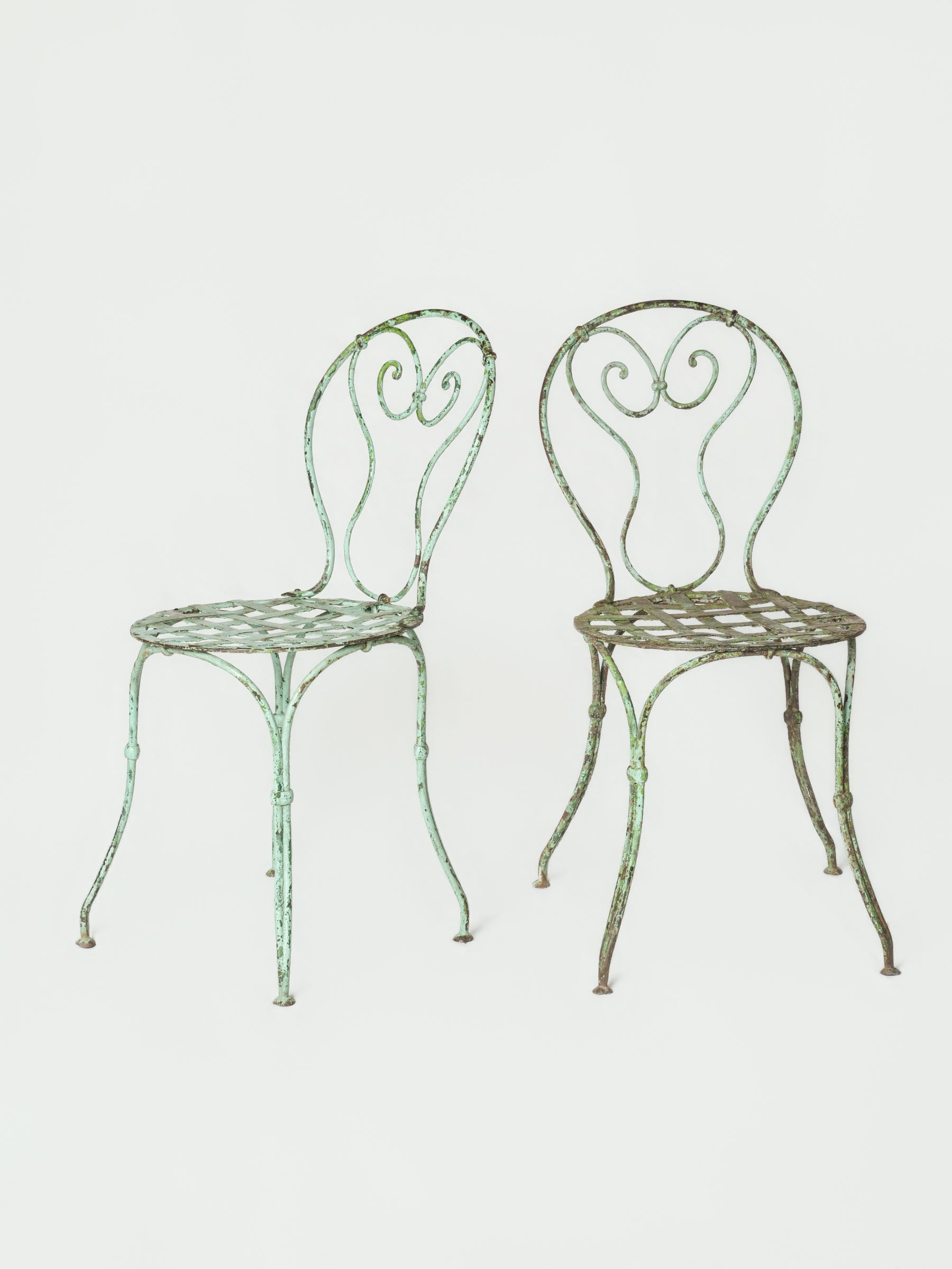 Pair of Antique French Wrought-Iron Garden Chairs w/ Weathered Turquoise Paint