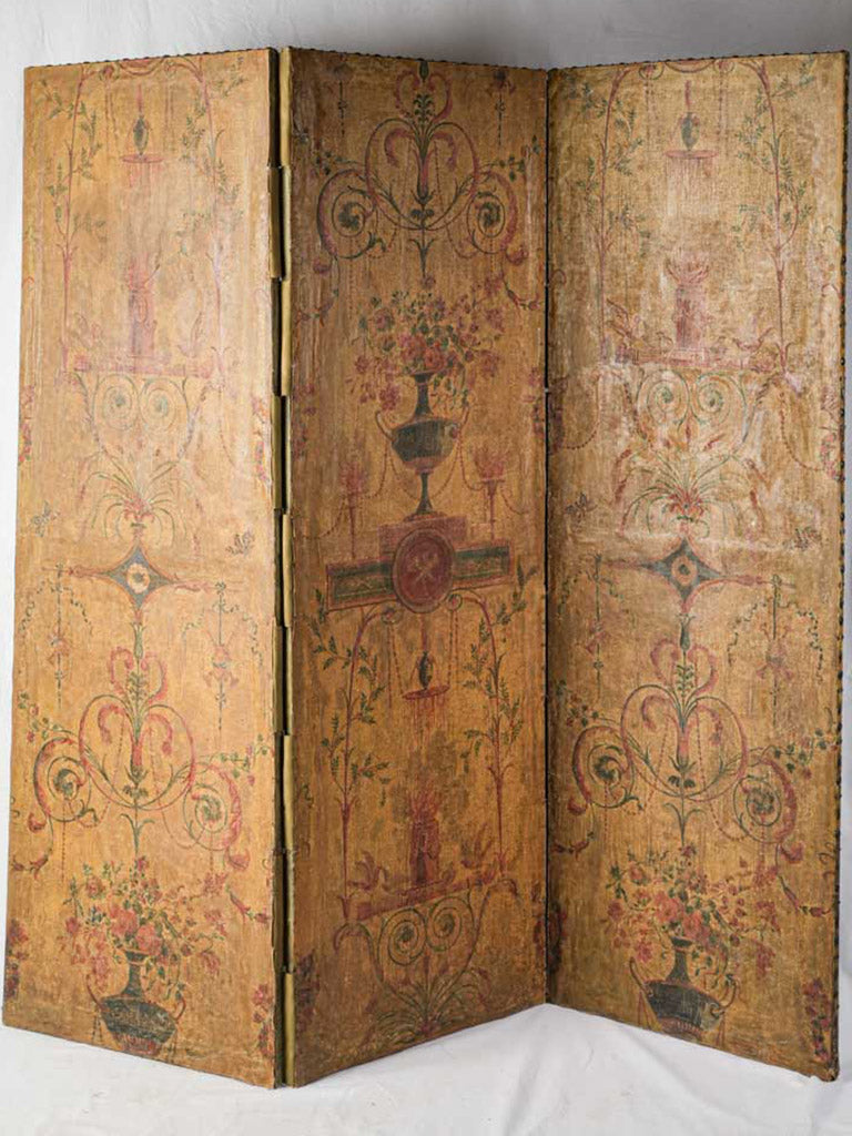 Antique French Three-Panel Painted Canvas Folding Screen - 69" x 69¾"