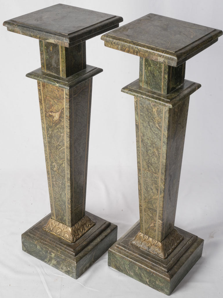 Handsome Pair of French Art Deco Alpine Green Marble Pedestals - 41"