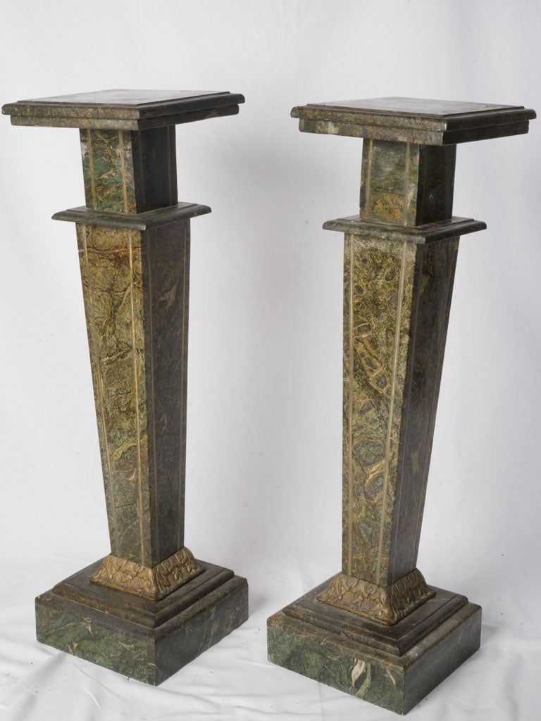Handsome Pair of French Art Deco Alpine Green Marble Pedestals - 41"