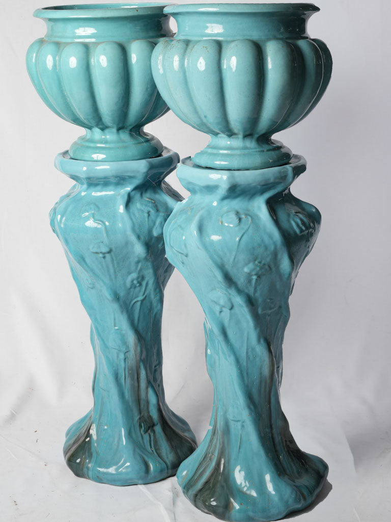 Pair of Striking Art Nouveau Jardinière Ceramic Columns by Massier Vallauris c. 1900 - 44½"